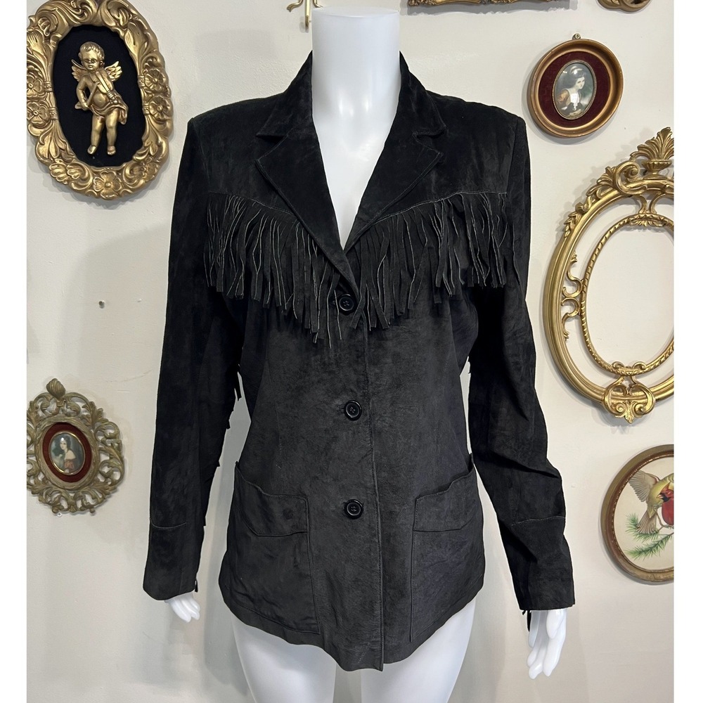 Vintage Denim & Co. Black 100% Leather Suede Fringe Western Jacket Size Medium